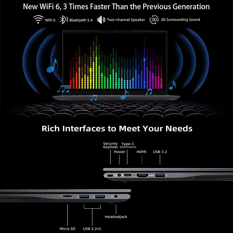 BMAX Maxbook X17 Power com tela 15,6 pol, som estéreo 3D, WiFi 6, Bluetooth 5.4 e portas HDMI, USB 3.2, Type‑C, microSD e fone de ouvido