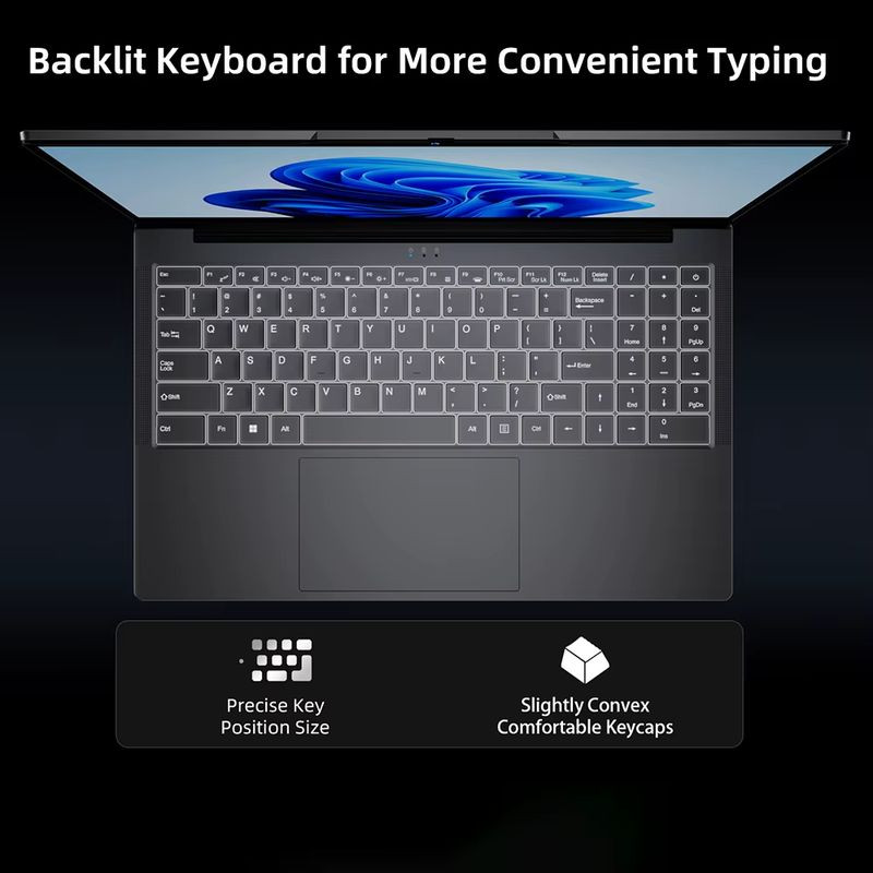 Teclado retroiluminado preto do BMAX Maxbook X17 Power, layout amplo, teclas de posição precisa e keycaps levemente convexos para digitação confortável