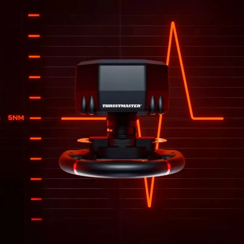 Thrustmaster T598 para Xbox y PC con volante, servo base y pedales; diseño negro con detalles rojos y fuerza de 5 Nm destacada en fondo técnico
