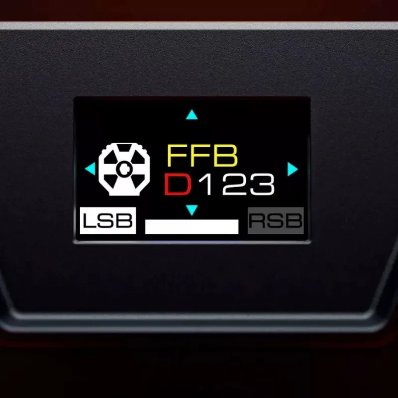 Pantalla de la Servo Base Thrustmaster T598 con indicador FFB, modo D123 y botones LSB y RSB, flechas de navegación y barra de ajuste en display digital