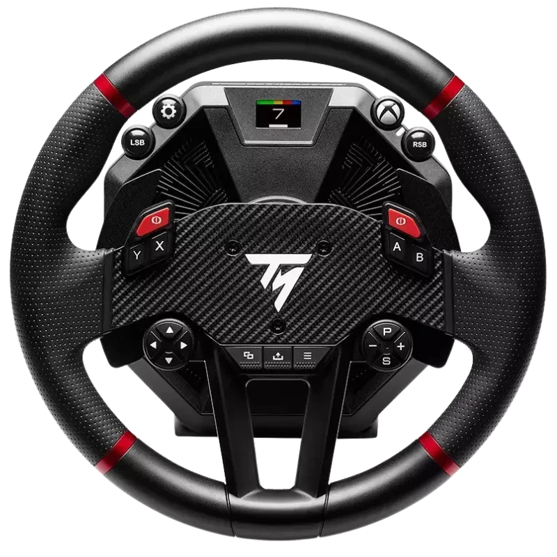 Volante Thrustmaster T598 con aro texturizado, insertos rojos, panel de fibra de carbono, pantalla LED superior y botones Xbox integrados para simulación