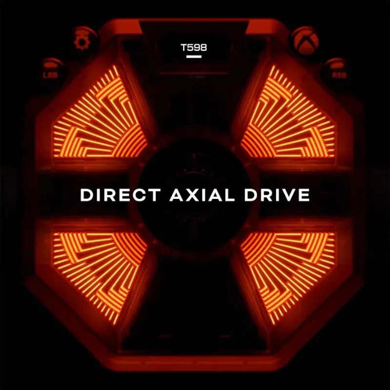 Módulo T598 con iluminación roja y patrón radial, texto Direct Axial Drive centrado; diseño octogonal con iconos de Xbox y PC en la parte superior