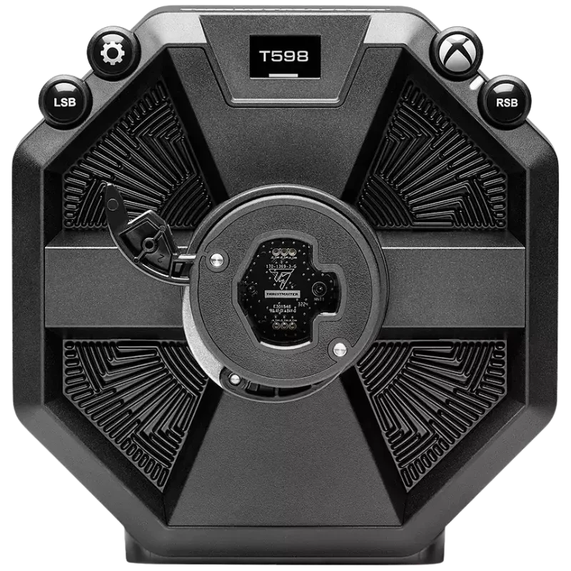 Base de volante Thrustmaster T598 para Xbox y PC con diseño octagonal, pantalla T598, ventilación radial, puertos LSB y RSB y detalle central con logotipo