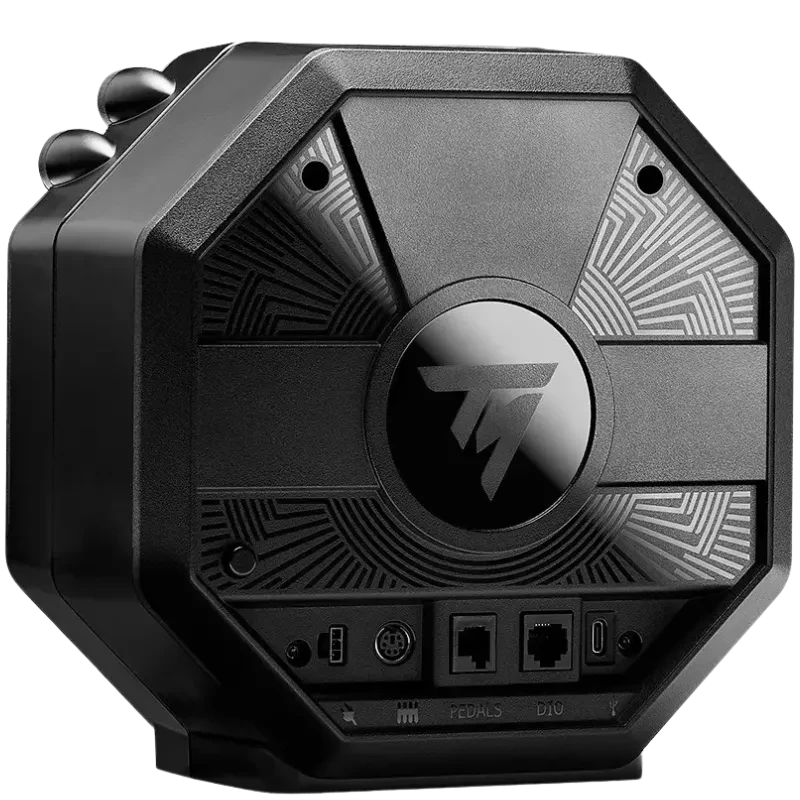 Base servo Thrustmaster T598 para volante, diseño octogonal negro, logo TM central, conectores para pedales y datos, perillas superiores metálicas