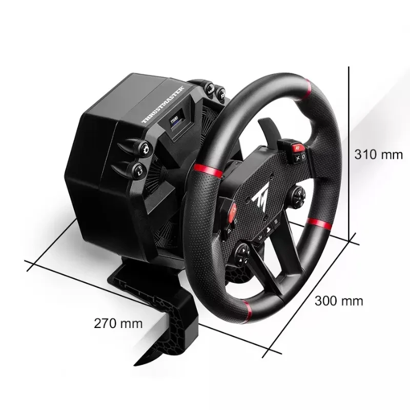 Thrustmaster T598 para Xbox y PC con volante ergonómico texturizado, aro con marcas rojas, base servo robusta y dimensiones 310 x 300 x 270 mm
