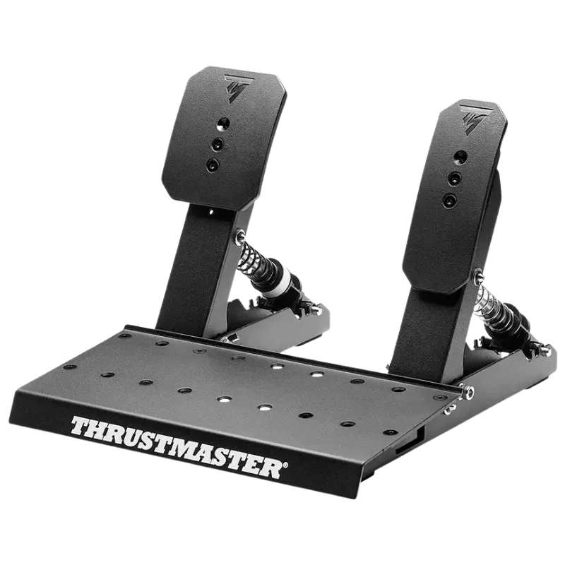 Pedalera metálica Thrustmaster con dos pedales ajustables, resortes visibles y base perforada robusta para simulación en Xbox y PC