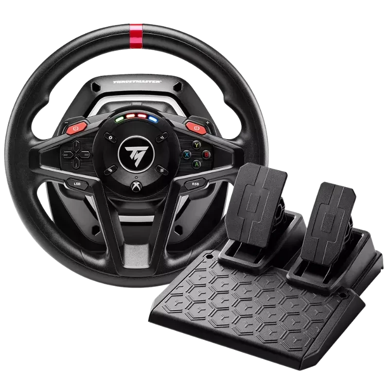 Thrustmaster T128 Simtask Pack PS5 PS4 PC volant de simulation noir avec repère rouge, boutons rétroéclairés et pédalier bi-pédales sur base