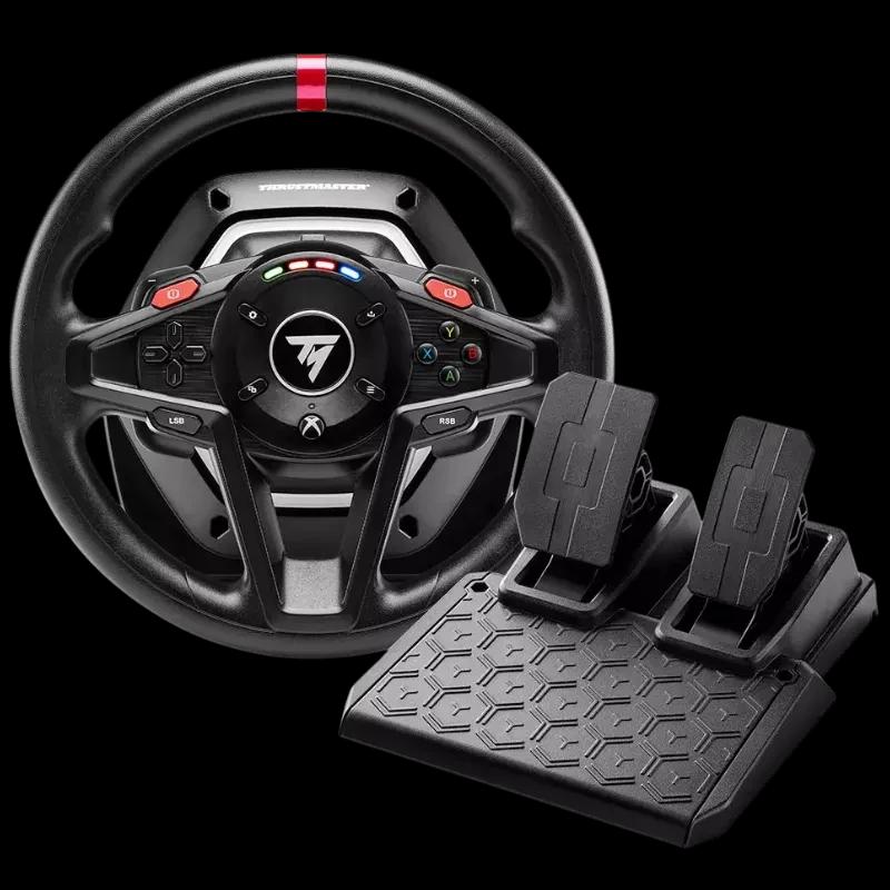 Thrustmaster T128 Simtask Pack PS5 PS4 PC volant de simulation noir avec repère rouge, boutons rétroéclairés et pédalier bi-pédales sur base