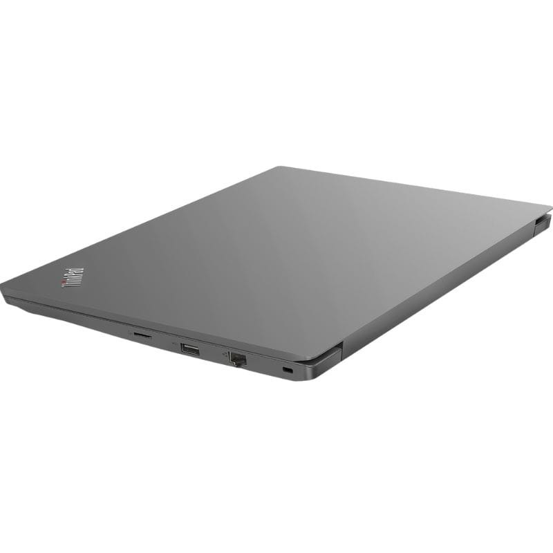 Portátil Lenovo ThinkPad E495 gris cerrado, chasis delgado, logo ThinkPad con LED rojo, puertos laterales USB y HDMI visibles, acabado mate renovado.