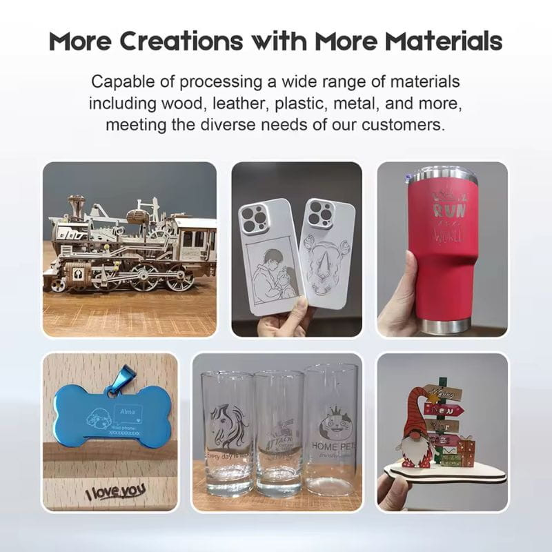 Exemplos de gravação a laser em madeira, couro, metal, plástico e vidro: detalhamento preciso em capas de celular, copos, chaveiros e peças decorativas