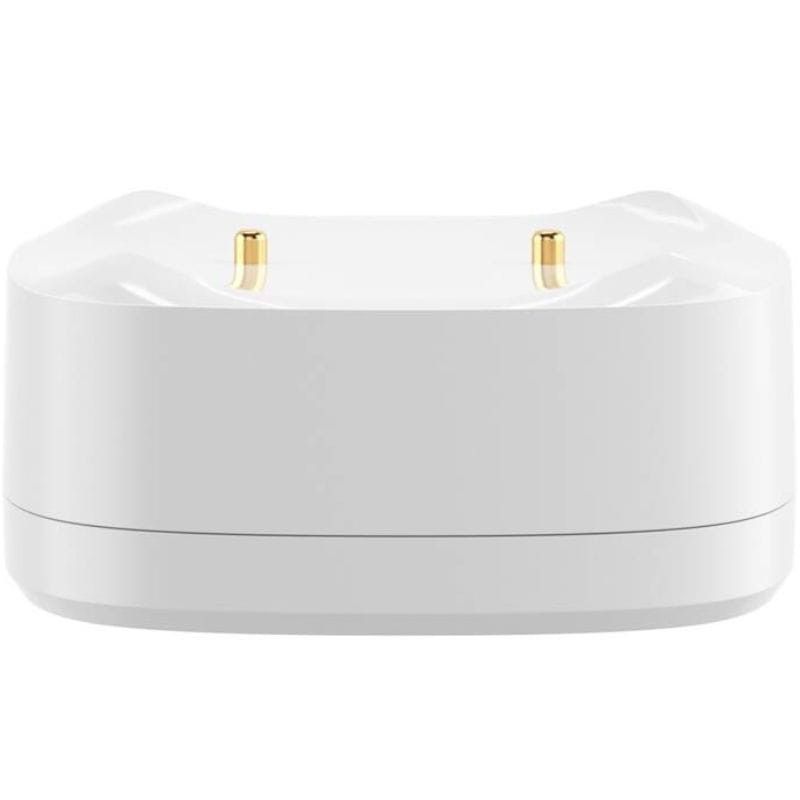 Base branca compacta com dois pinos metálicos dourados no topo; corpo oval em plástico liso. Componente do Sensor inteligente de fuga de água ZigBee SONOFF