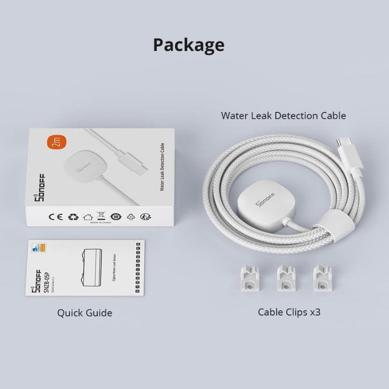Câble d’extension tressé pour détecteur d’inondation SONOFF WLDC200, USB-C, module capteur compact, livré avec guide rapide et 3 clips de fixation