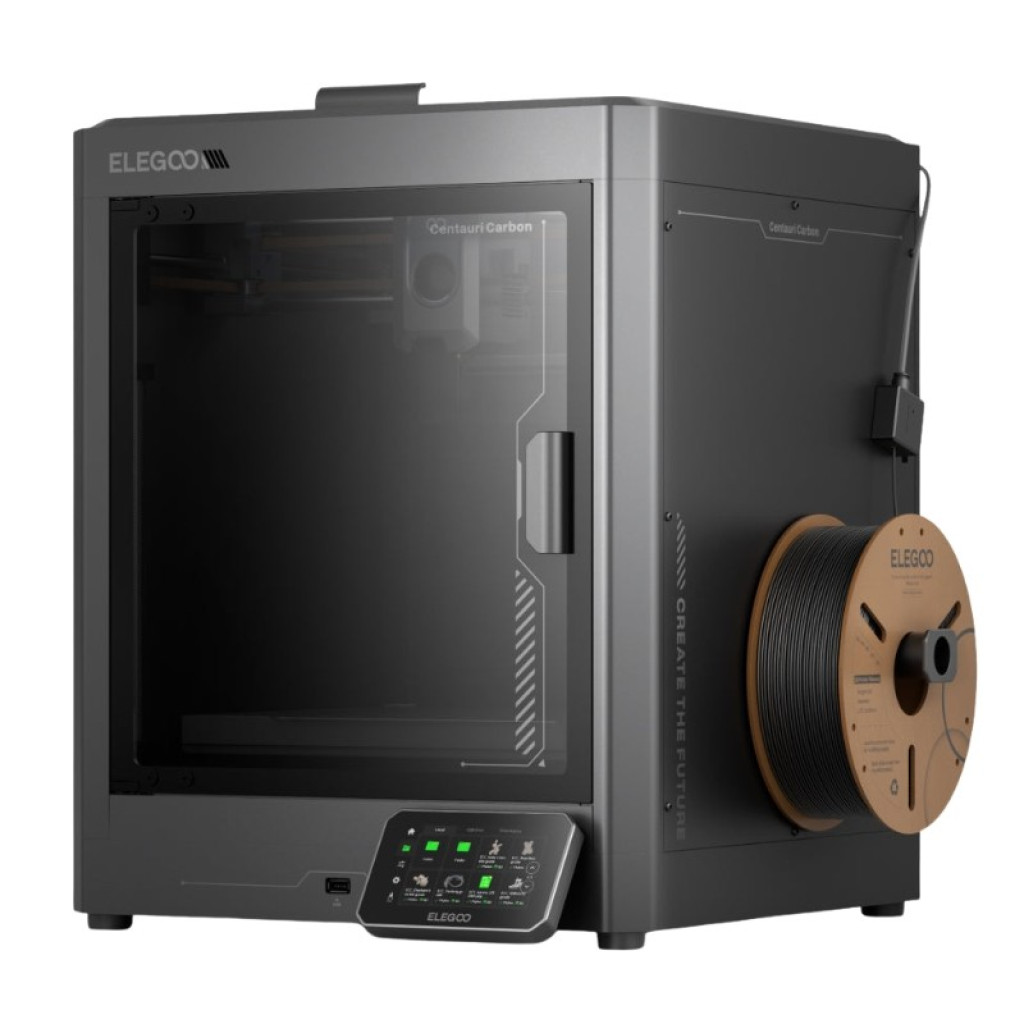 Impresora 3D Elegoo Centauri Carbon FDM con chasis cerrado gris, panel de control frontal con pantalla, puerta transparente y portabobinas lateral con filamento
