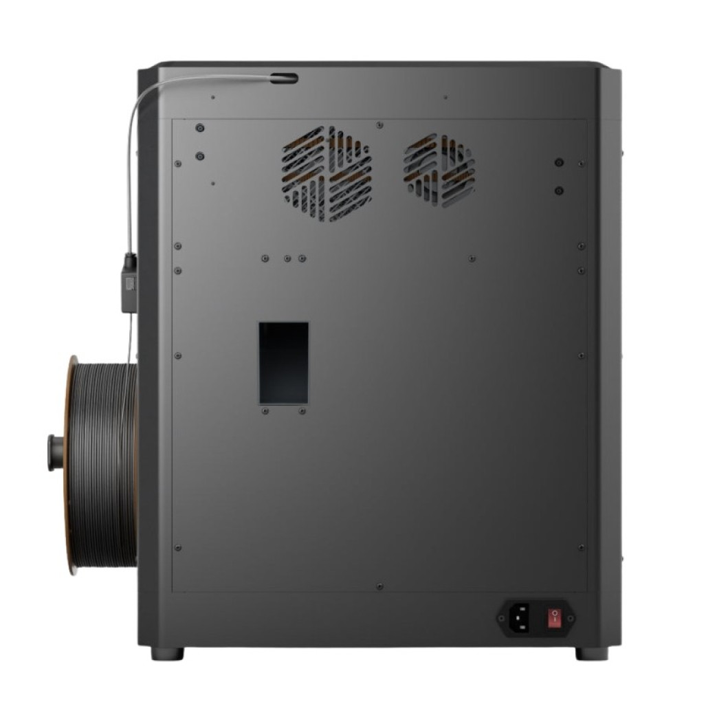 Parte trasera de la Elegoo Centauri Carbon FDM con bobina lateral, ventilaciones dobles, panel metálico negro, puerto de alimentación y cable guía de