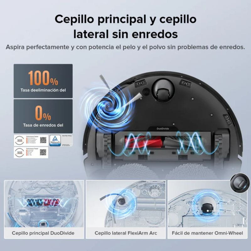 Roborock Qrevo 5AE negro: cepillo principal DuoDivide y lateral FlexiArm sin enredos, alta succión, rueda Omni-Wheel y diseño inferior transparente.