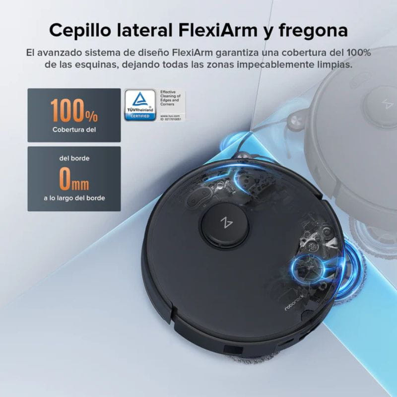 Roborock Qrevo 5AE negro con cepillo lateral FlexiArm y fregona; diseño circular, sensores visibles y cobertura total de bordes y esquinas.