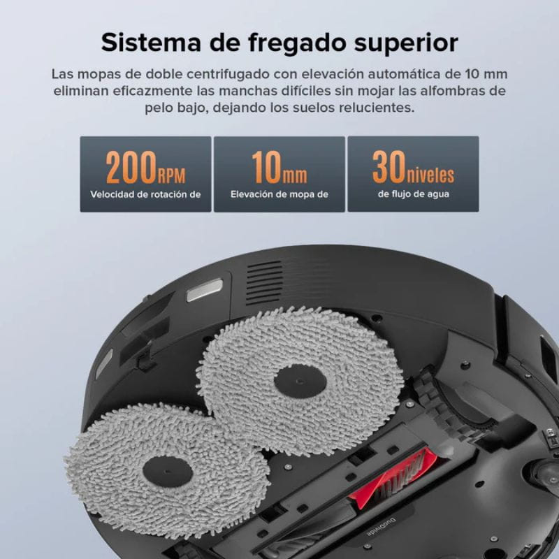 Roborock Qrevo 5AE negro con doble mopa giratoria, elevación de 10 mm, cepillo central y sensores; 200 RPM y 30 niveles de agua para limpieza precisa.