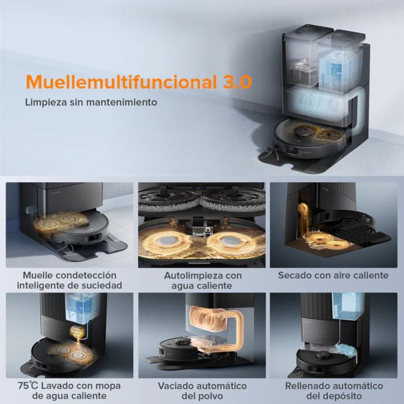 Base multifuncional Roborock Qrevo 5AE negra: autolimpieza con agua caliente, secado con aire, vaciado de polvo y lavado de mopas a 75 °C.