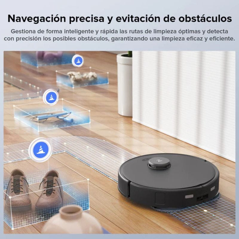 Roborock Qrevo 5AE negro con LIDAR; cuerpo circular mate, tapa superior con botón, base de sensores frontal. En escena de navegación y evitación de