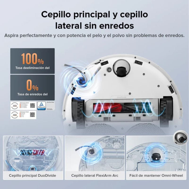 Roborock Qrevo 5AE Negro con cepillo principal DuoDivide y lateral FlexiArm anti-enredos; fácil de mantener y ruedas Omni-Wheel para maniobrabilidad.