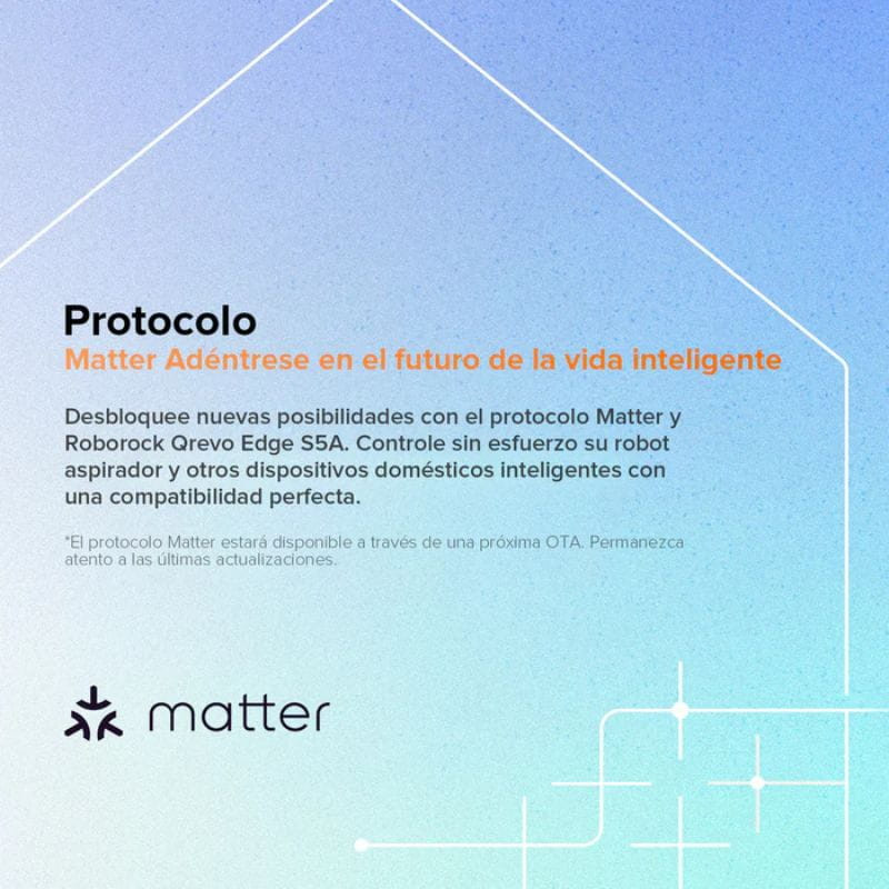 Banner de “Protocolo Matter” para Roborock Qrevo 5AE: control inteligente del robot aspirador y hogar conectado, texto en degradado azul con icono Matter.