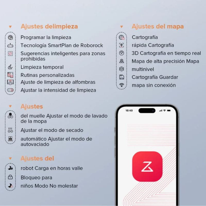 Interfaz de app Roborock: ajustes de limpieza, mapa 3D y cartografía, rutinas y programación, modos de fregado y succión, bloqueo y modo No molestar.