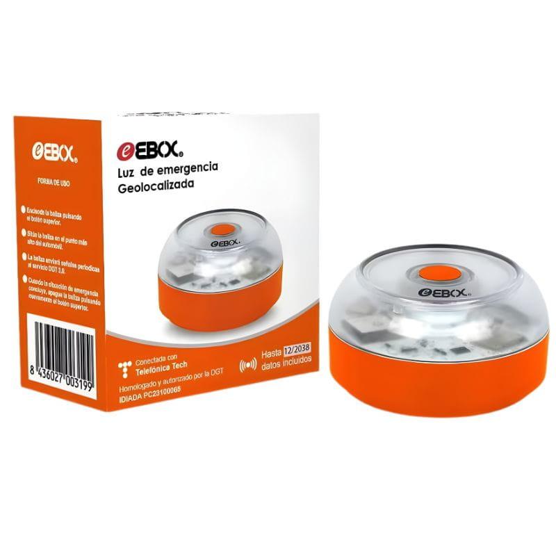 Baliza EBOX V16 naranja con luz LED blanca y tapa transparente, homologada DGT 3.0, geolocalización conectada; incluye caja con especificaciones y código de