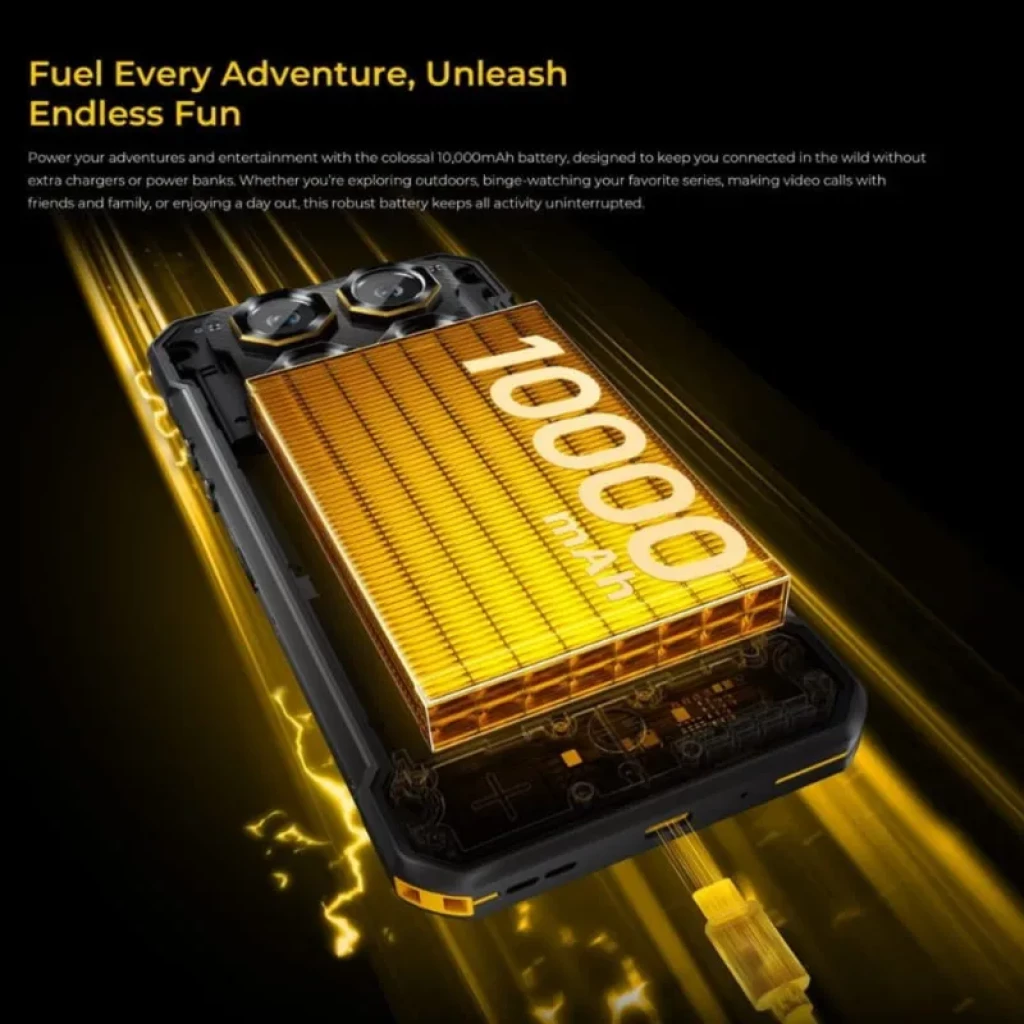 Oukitel WP60 5G Negro con batería de 10000 mAh destacada en dorado, doble cámara trasera, diseño robusto y detalles industriales resistentes