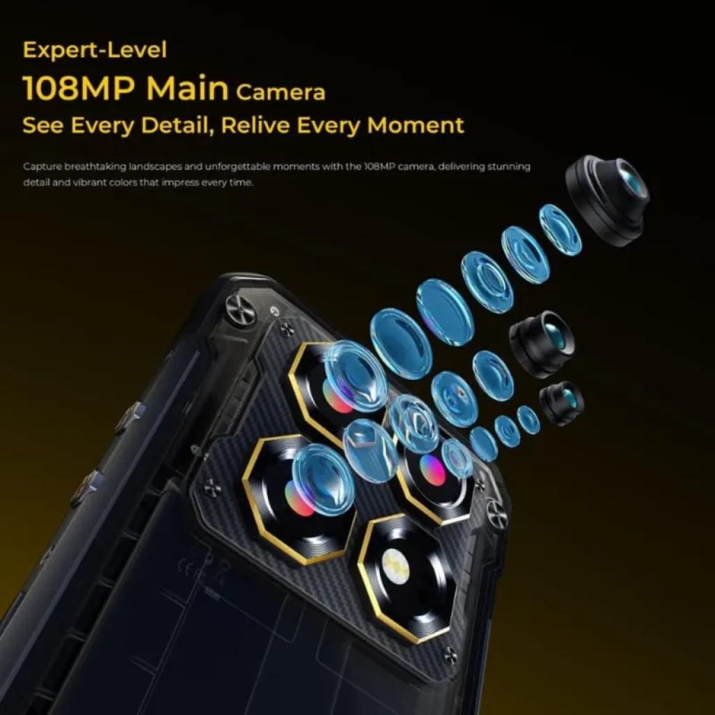 Oukitel WP60 5G 16GB/512GB Negro Rugged con módulo de cámara trasera 108 MP, múltiples lentes y diseño robusto con tornillos expuestos y textura