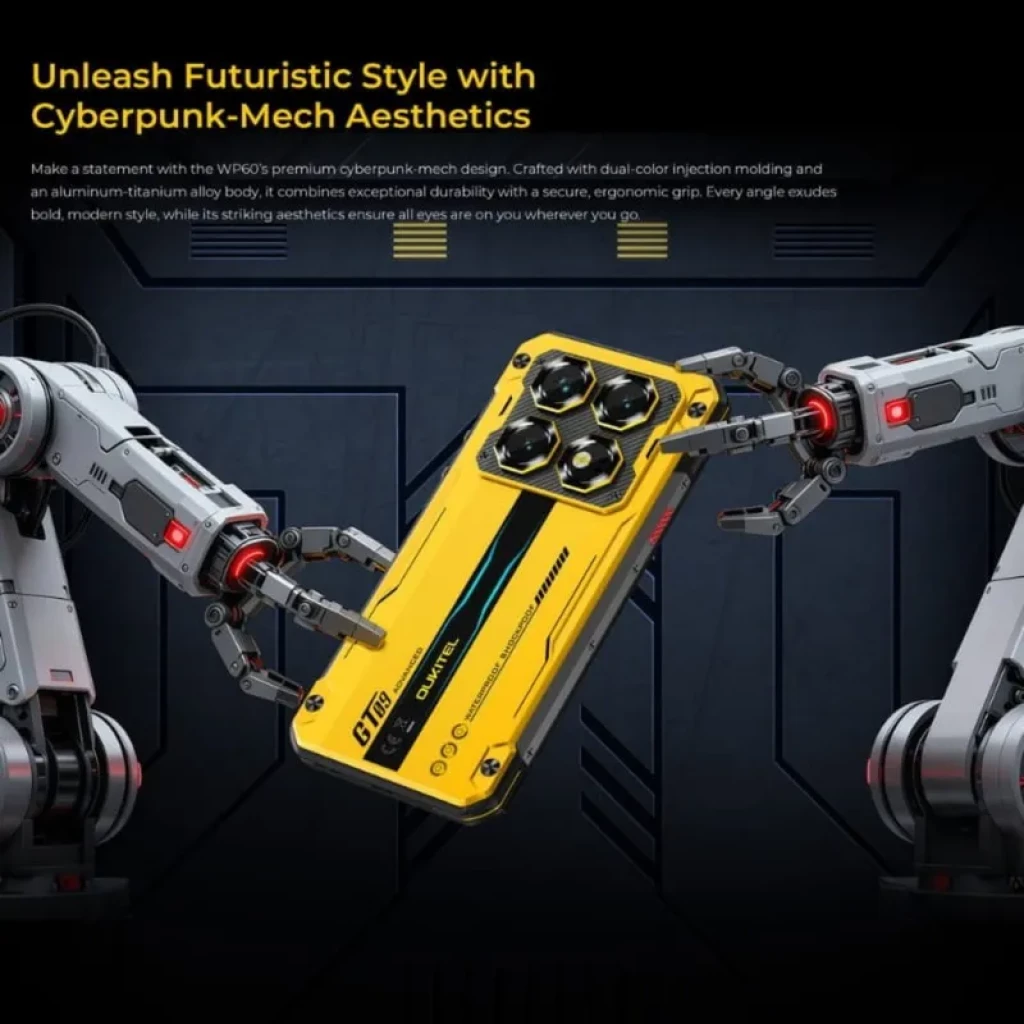 Oukitel WP60 5G 16GB/512GB Amarillo Rugged con carcasa amarilla robusta, triple cámara trasera grande, detalles negros y azules, estilo cyberpunk industrial