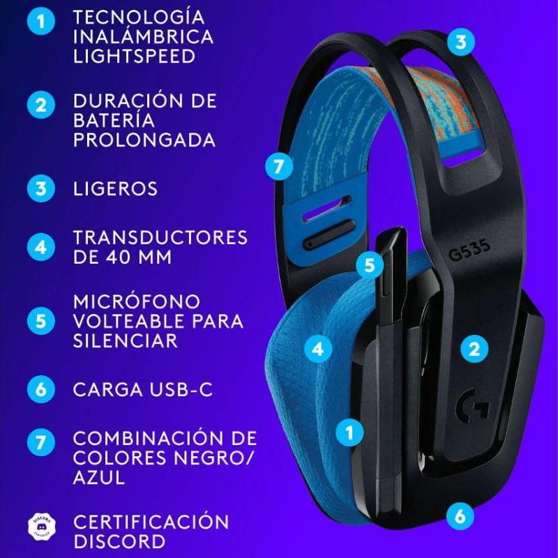 Logitech G G535 LightSpeed Preto/Azul - Auscultadores para jogos, especificações