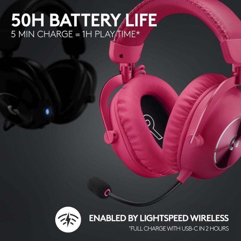 Logitech G Pro X2 Lightspeed Magenta - Auscultadores para jogos, até 50 horas de autonomia