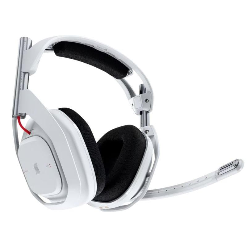 Logitech G ASTRO A50 Gen 5 Blanc – oreillette sans fil avec boutons intégrés, molette de volume, arceau blanc, coussinet tissu noir, câble rouge visible.