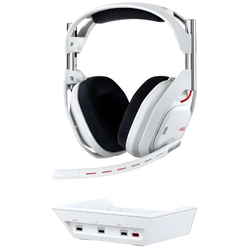 Station d’accueil blanche du Logitech G ASTRO A50 Gen 5 avec ports USB‑C dédiés Xbox, PS et PC, plus port USB‑C rouge pour charge/liaison rapide.