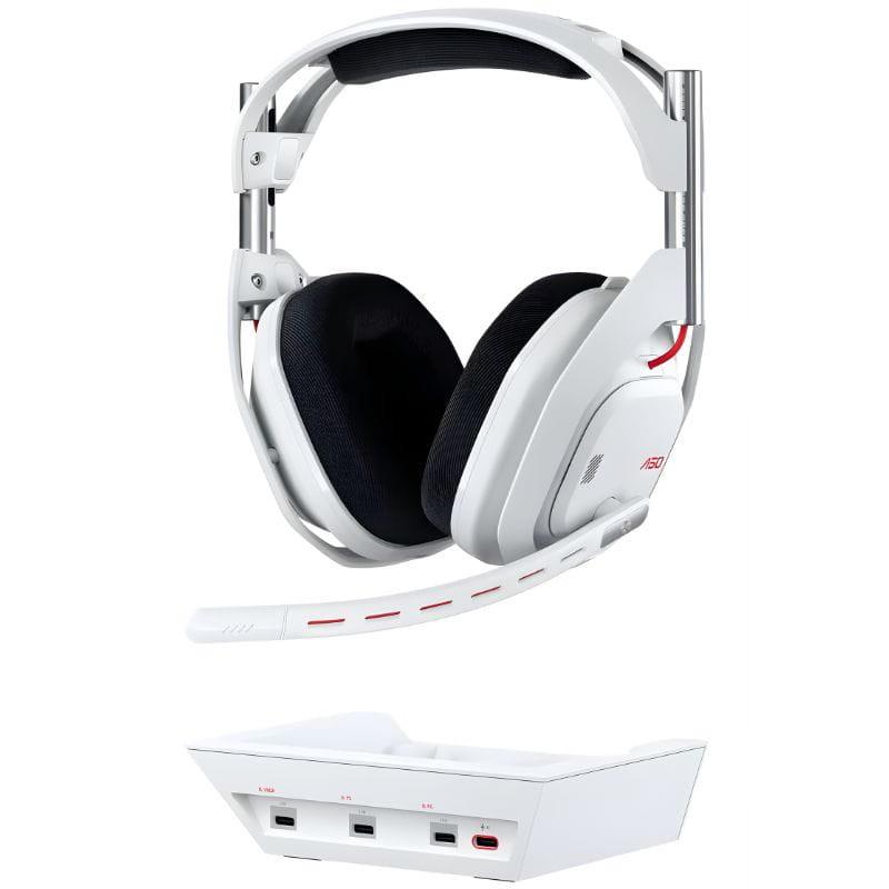 Station d’accueil blanche du Logitech G ASTRO A50 Gen 5 avec ports USB‑C dédiés Xbox, PS et PC, plus port USB‑C rouge pour charge/liaison rapide.