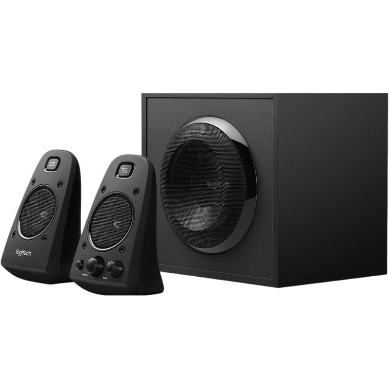 Logitech Z 623 2.1 Altavoces para PC: subwoofer cúbico negro con rejilla frontal y dos satélites inclinados con controles frontales y acabado mate elegante.