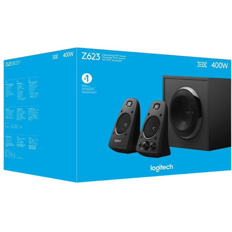 Caja de Logitech Z 623 2.1: dos satélites negros con controles frontales y subwoofer grande con rejilla, certificación THX y potencia 400W indicadas en el