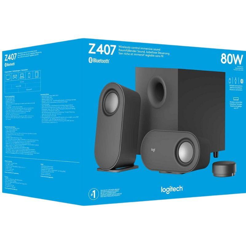 Caja de Logitech Z407 2.1: subwoofer negro, dos satélites compactos, dial inalámbrico y potencia 80W; diseño minimalista con acabado mate y bordes