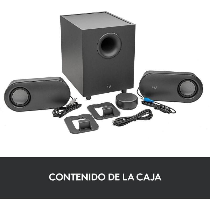 Logitech Z407 2.1 Altavoces PC: subwoofer compacto, dos satélites horizontales, dial inalámbrico, cables y soportes incluidos; diseño negro minimalista.