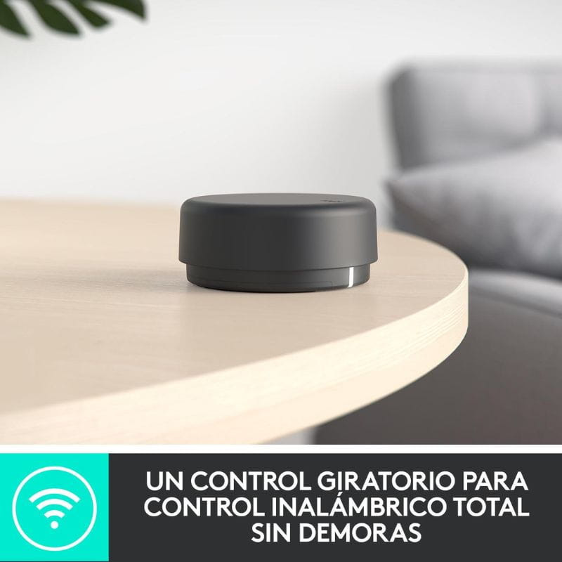 Control giratorio inalámbrico Logitech Z407 2.1 en negro, compacto sobre mesa; dial minimalista para volumen y reproducción sin demoras. Ideal para PC.