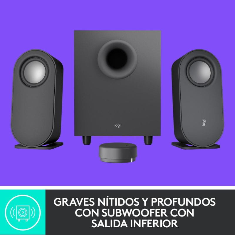 Logitech Z407 2.1 Altavoces PC: subwoofer central con puerto frontal, dos satélites compactos y dial inalámbrico; diseño minimalista en negro.