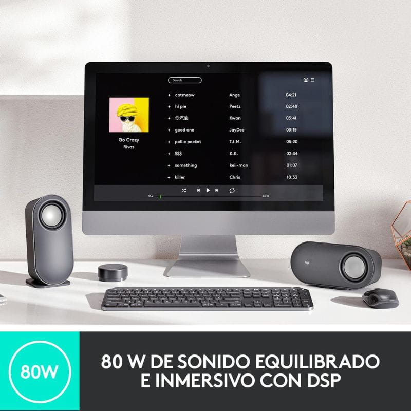 Logitech Z407 2.1 Altavoces PC: dos satélites compactos y subwoofer, diseño gris moderno, control inalámbrico, 80W con DSP para sonido equilibrado en