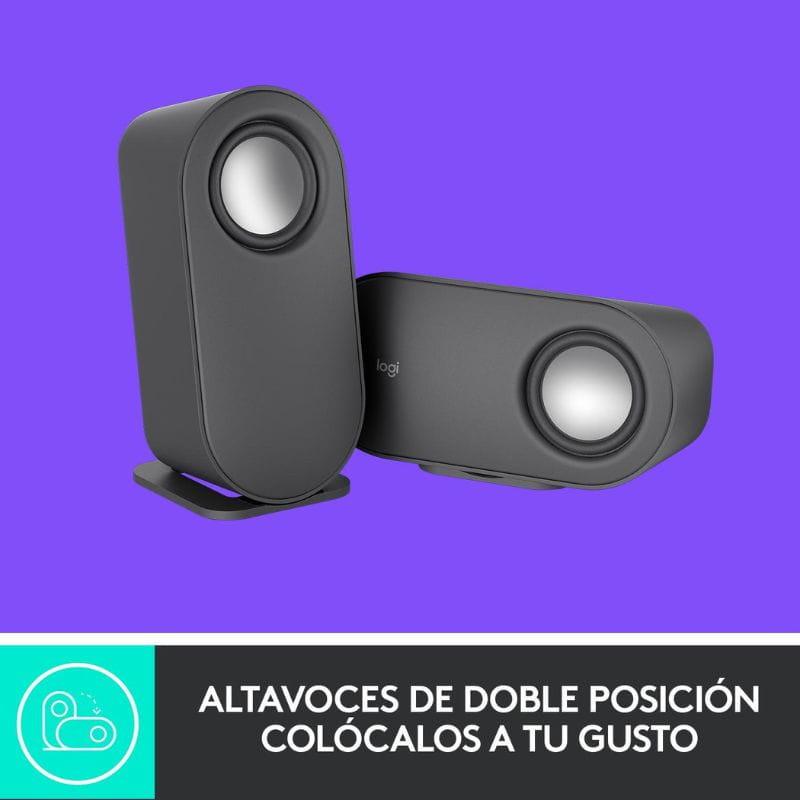 Logitech Z407 2.1 Altavoces PC: dos satélites compactos en gris, diseño minimalista, colocación vertical u horizontal, rejilla metálica y acabado mate.
