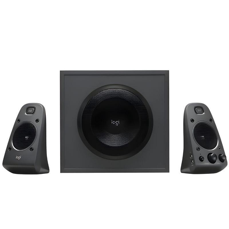 Altavoz Logitech Z625 THX: panel frontal negro con rejilla central, aro metálico, controles de volumen y bajos, indicador LED y botón de encendido.