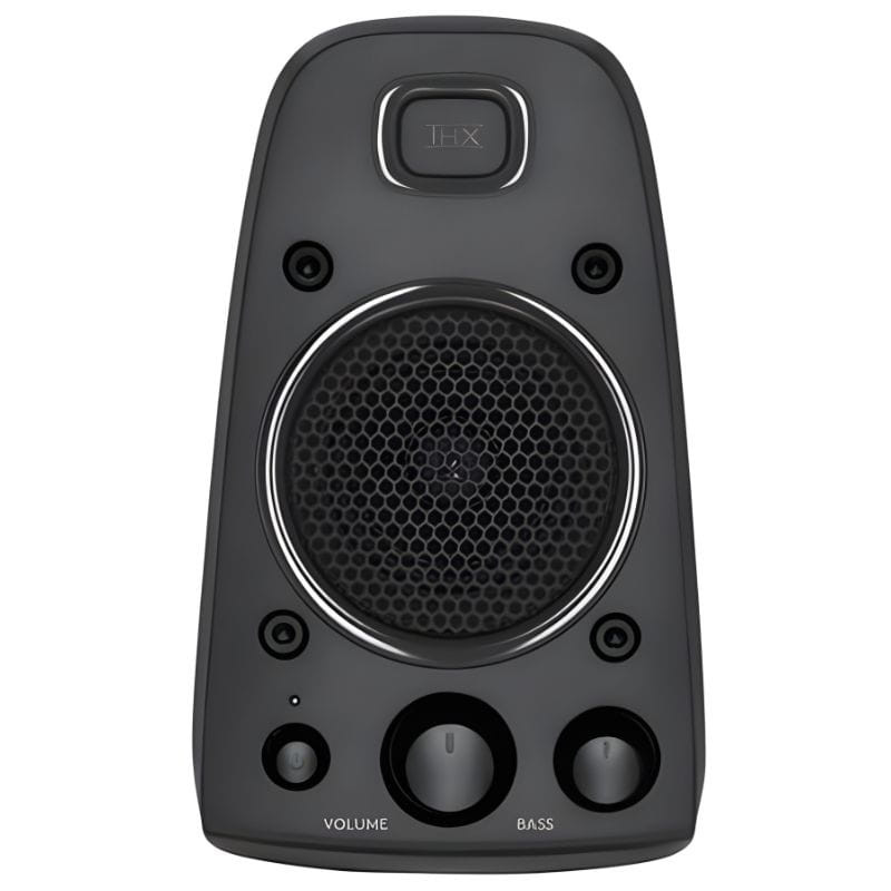 Altavoz satélite Logitech Z625 con certificación THX, rejilla metálica, control frontal de volumen y bajos, diseño negro compacto para PC.