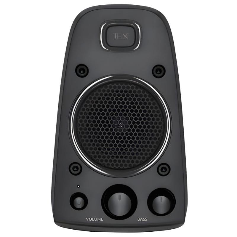 Altavoz satélite Logitech Z625 con certificación THX, rejilla metálica, control frontal de volumen y bajos, diseño negro compacto para PC.