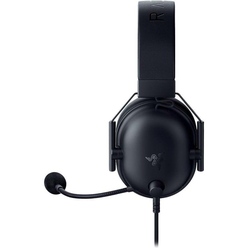 Auriculares Razer BlackShark V2 X negros, diadema acolchada, copas cerradas ovaladas, micrófono cardioide desmontable y cableado para gaming.