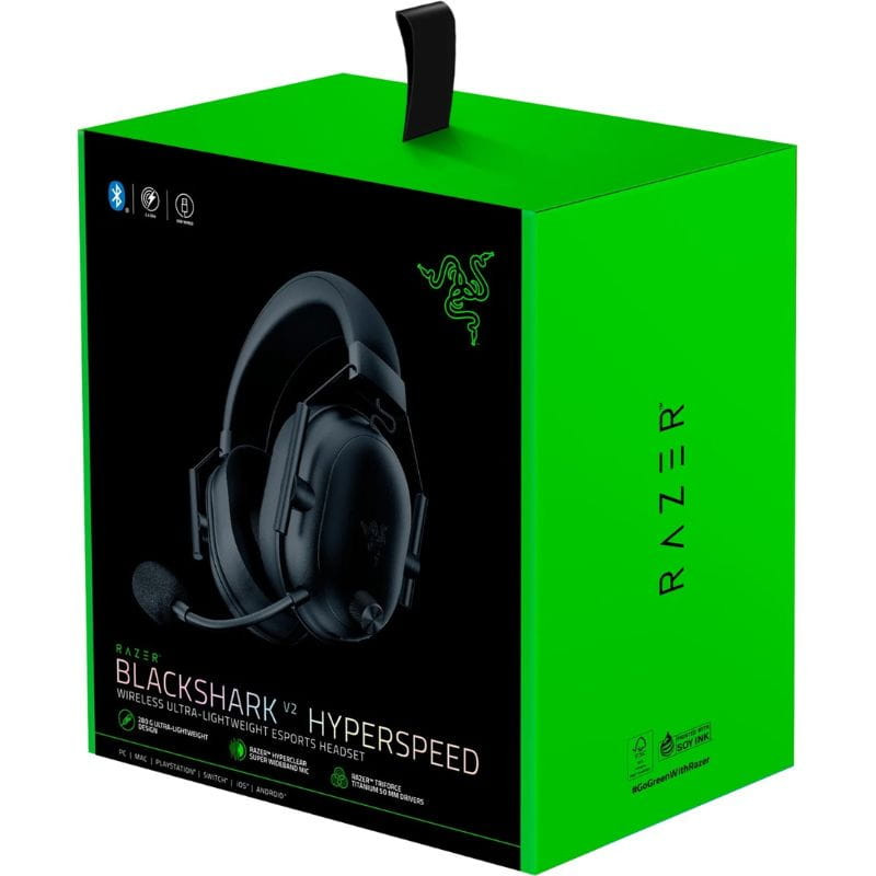 Razer BlackShark V2 HyperSpeed: headset gaming preto com microfone destacável, conchas almofadadas, arco acolchoado e controlos laterais iluminados.