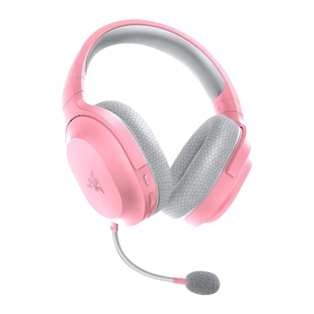 Auscultadores gaming rosa sem fios com microfone amovível, almofadas cinza macias, arco acolchoado e controlos laterais discretos Razer Barracuda X