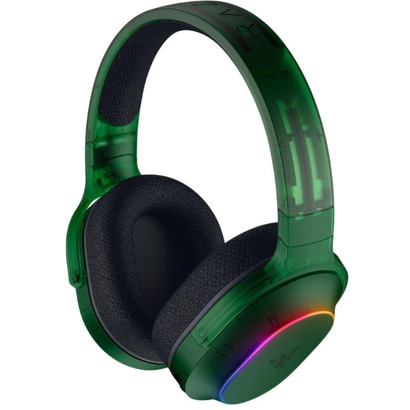 Auriculares Razer Barracuda X RGB Chroma Phantom Green con casco verde translúcido, 6 zonas de iluminación RGB en los laterales y diadema acolchada.